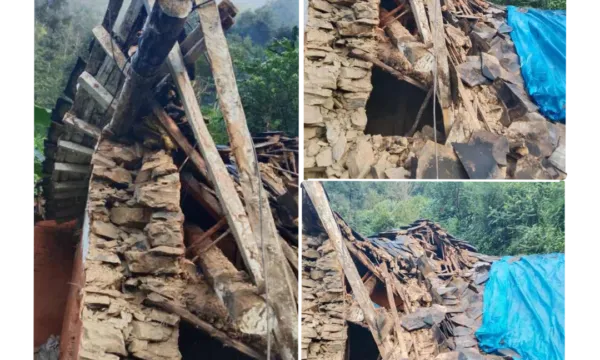 अविरल वर्षाले सुर्नया–४ मा दुईतले घर पूर्ण रूपमा क्षतिग्रस्त